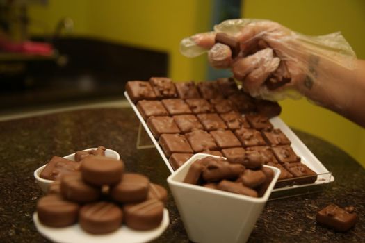 salvador, bahia / brazil - july 28, 2017: Pieces of dark chocolate are seen in store in the city of Salvador.