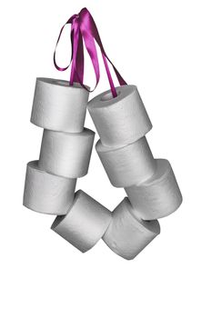 Rolls of white toilet paper are connected with a ribbon in a bundle. Front view, vertical orientation. Isolated on a white background. Copy space