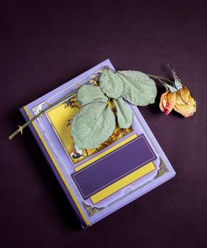 On a small book is a dried rose flower with leaves. Presented on a dark background. Top view with space to copy. Flat lay