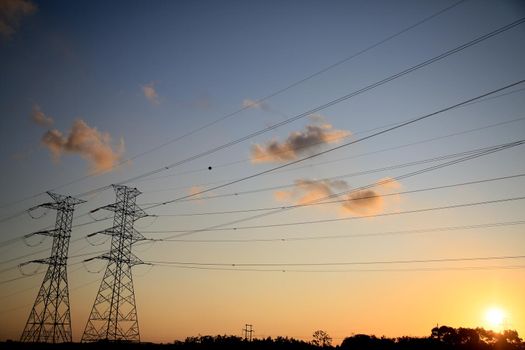 camacari, bahia / brazil - september 27, 2020: tower are joined together with electric power transmission lines are seen in substation in the city of Camacari.