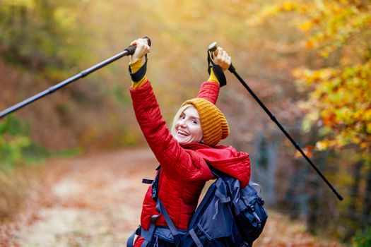 Hiking girl with poles and backpack on a trail. Backview. Hands up enjoying in nature. Travel and healthy lifestyle outdoors in fall season.