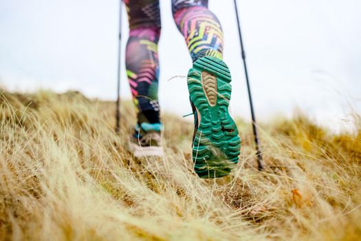 Hiking girl in a mountain meadow. Low angle view of generic sports shoe and legs on grass. Healthy fitness lifestyle outdoors.