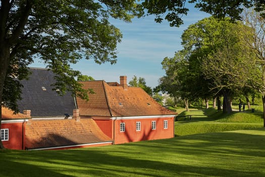 COPENHAGEN, DENMARK - MAY 25, 2017: Red houses in the historical Fortress Kastellet in Copenhagen