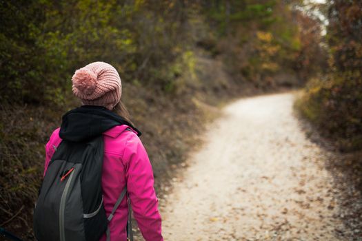 Hiker girl walking on a path in the mountains. Back view of backpacker with pink jacket in a forest. Healthy fitness lifestyle outdoors.