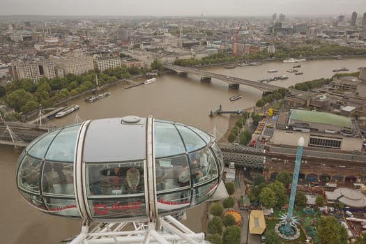 LONDON, UK - SEPTEMBER 08, 2017: The view of the city from the London Eye ferris wheel on the South Bank of River Thames aka Millennium Wheel.