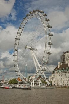 LONDON, UK - SEPTEMBER 08, 2017: View of the London Eye wheel and South Bank of the River Thames from Westminster bridge, London, UK