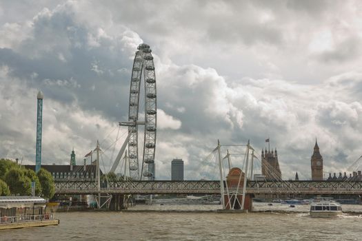 LONDON, UK - SEPTEMBER 08, 2017: View of the London Eye wheel and South Bank of the River Thames from Westminster bridge, London, UK
