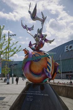 LIVERPOOL, ENGLAND, UK - JUNE 07, 2017: Peace on earth sculpture in honour of John Lennon, Liverpool, Merseyside, England, UK, Western Europe