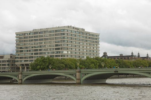 LONDON, UK - SEPTEMBER 08, 2017: St Thomas Hospital located on the banks of the river Thames, Westminster in London.