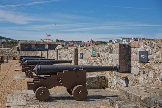 ST. PETER PORT, GUERNSEY, UK - AUGUST 16, 2017: Traversing Carriage Cannon at Castle Cornet in St Peter Port, Guernsey, UK.
