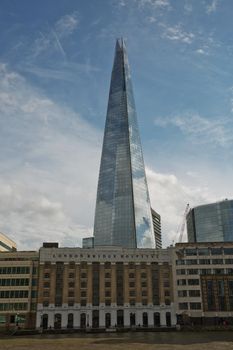 LONDON, UK - SEPTEMBER 08, 2017: London Bridge Hospital and Renzo Piano new skyscraper 'The Shard' in London. The 95-story Shard, standing at 310 meters (1,016 feet), is the tallest building in Western Europe.