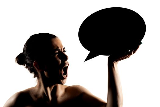 angry girl screaming at speech balloon, half silhouette portrait
