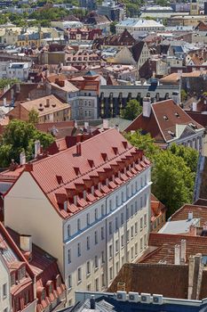 TALLINN, ESTONIA - JULY 07, 2017: Downtown architecture of old town city of Tallinn in Estonia.