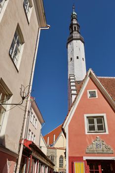 TALLINN, ESTONIA - JULY 07, 2017: Downtown architecture of old town city of Tallinn in Estonia.