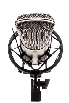 professional studio microphone on a vibrations stand, against white background