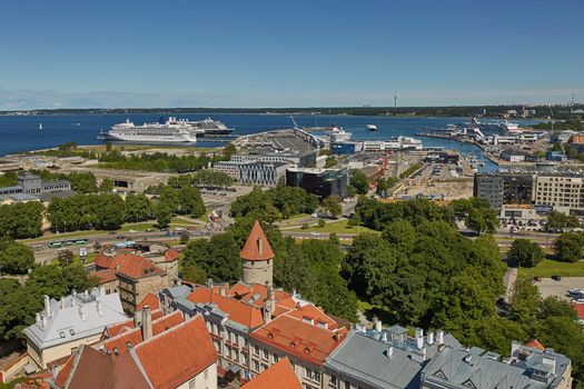 TALLINN, ESTONIA - JULY 07, 2017: View of the town and the port of the city of Tallinn in Estonia.