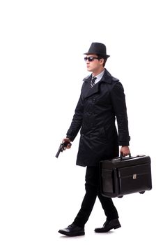 Man spy with handgun isolated on white background