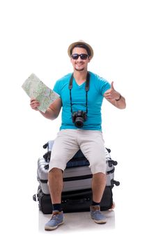 Traveler with much luggage isolated on white background