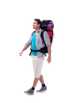 Backpacker with large backpack isolated on white