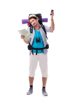 Man lost and looking for direction with map on white
