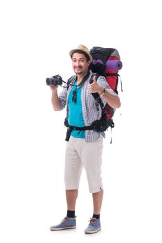 Backpacker with camera isolated on white background