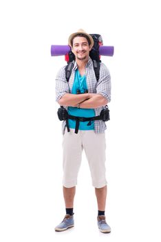 Backpacker with large backpack isolated on white