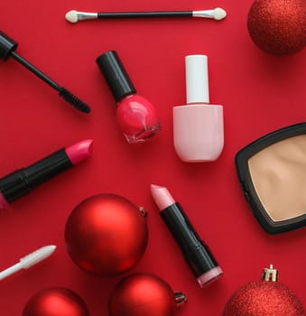 Cosmetic branding, fashion blog cover and girly glamour concept - Make-up and cosmetics product set for beauty brand Christmas sale promotion, luxury red flatlay background as holiday design