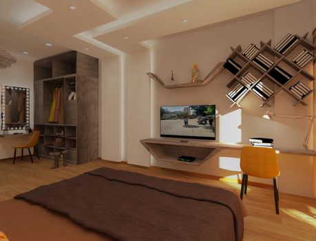 3d rendered bedroom design tv unit with study table. 45 degree overhead bookshelves.
