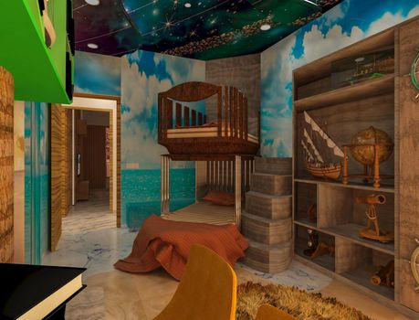 3D rendered ship theme kid's bedroom. theme interior for children's enjoying.