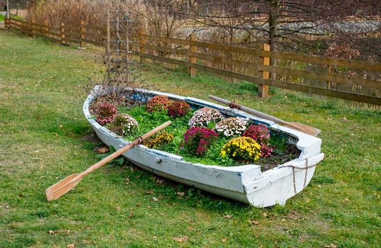 a boat full of flowers