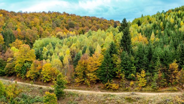 autumn panorama on cloudy day, Fantanele village, Sibiu county, Romania