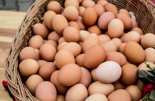 basket of twigs with chicken eggs