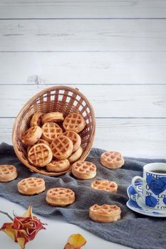 On the table in a wicker basket and on a napkin delicious baked. Next Cup of tea.