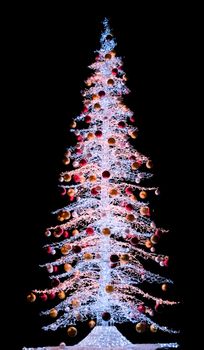 large white fir tree decorated with Christmas lights at night