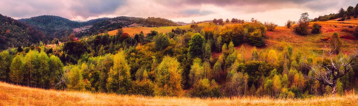 Romanian old sheepfold on the top of the hill in the fall season panorama, Fantanele village, Sibiu county, Cindrel mountains, 1100m, Romania