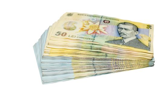 stack of romanian money on white