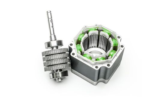 Stepper motor with green wire, disassembled, on white background