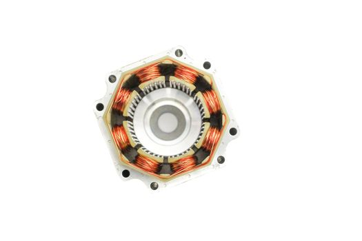 Stepper motor, disassembled, on white