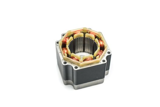 Stepper motor, disassembled, on white
