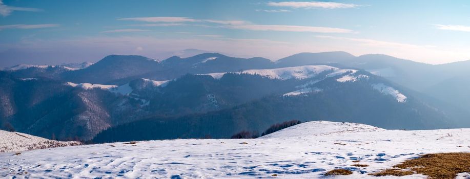 sun over the winter mountains with snow, Cindrel mountains, Paltinis, Romania