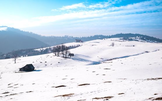 sun over the winter mountains with snow, Cindrel mountains, Paltinis, Romania
