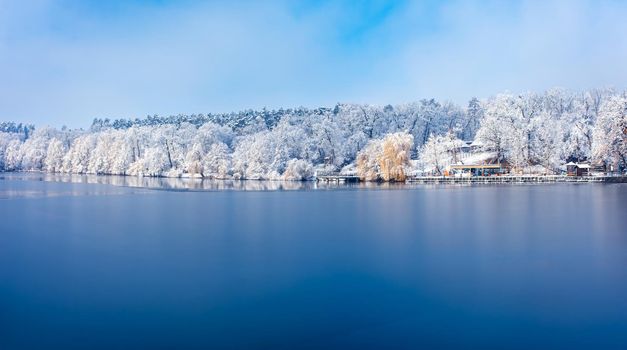 the frozen lake and the snow-covered forest