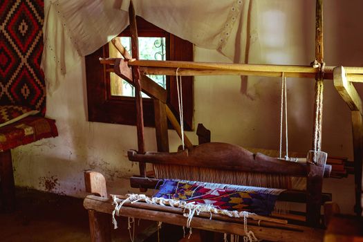 Traditional Romanian folk house interior with tissue war