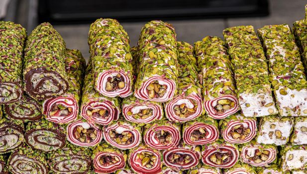 Variety of Turkish signature local foods known as Turkish Delight available for sale mostly in all areas in Turkey country