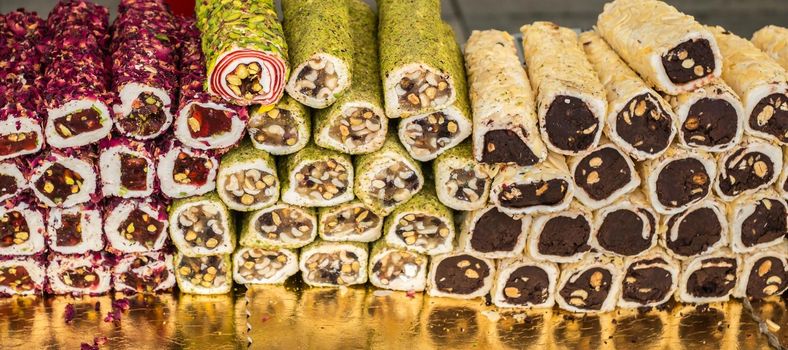 Variety of Turkish signature local foods known as Turkish Delight available for sale mostly in all areas in Turkey country