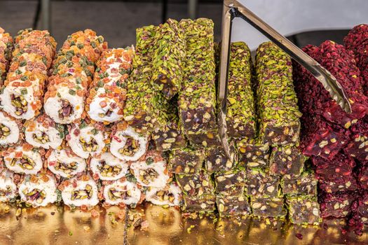 Variety of Turkish signature local foods known as Turkish Delight available for sale mostly in all areas in Turkey country