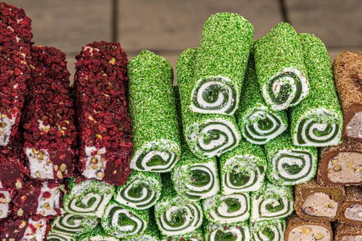 Variety of Turkish signature local foods known as Turkish Delight available for sale mostly in all areas in Turkey country