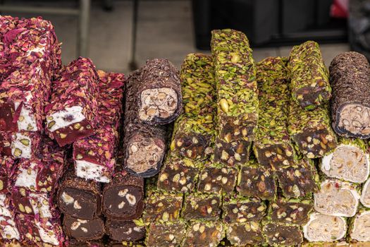Variety of Turkish signature local foods known as Turkish Delight available for sale mostly in all areas in Turkey country