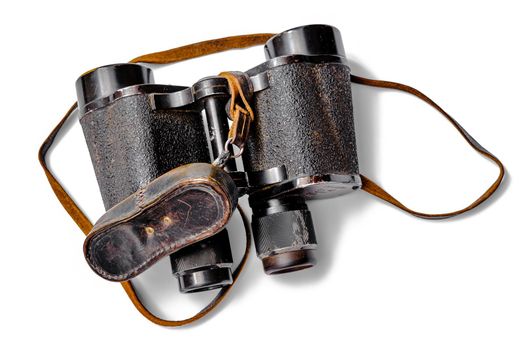 Sibiu city, Romania - 17 January, 2021. vintage World War Two era Dienstglas 8X40 BMK binocular on white background, top view