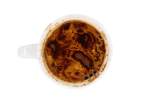 white coffee mug with hot instant coffee foam top view